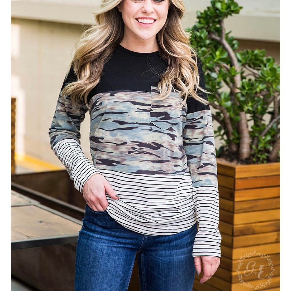 Grace & Emma Camo Stripe Long Sleeve Top‎ XL Women's New Black Green Blue White